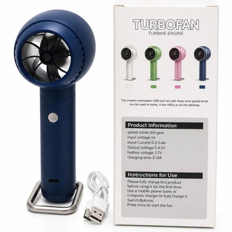 TurboFan Rechargeable Mini Cooling Fan | Portable Handheld USB Turbo Fan with 3 Speed Modes | Random color