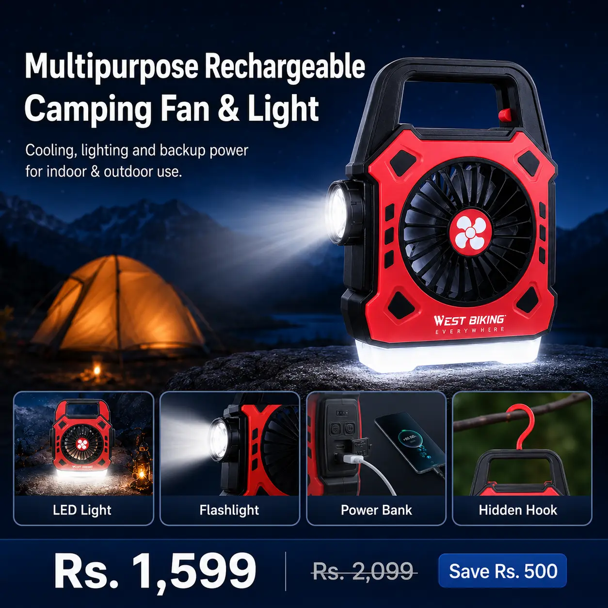 Multipurpose Rechargeable Desk and Camping Fan with LED Light, Flashlight and Power Bank