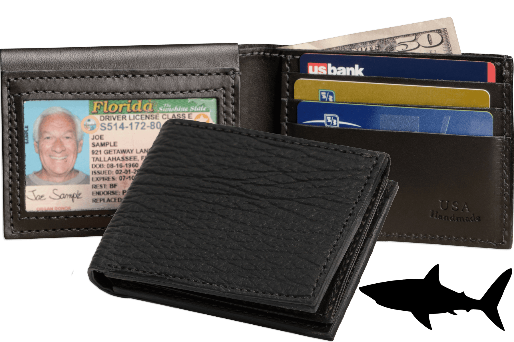 Black Shark Luxury Designer Exotic Bifold Wallet With Flip Up ID Window