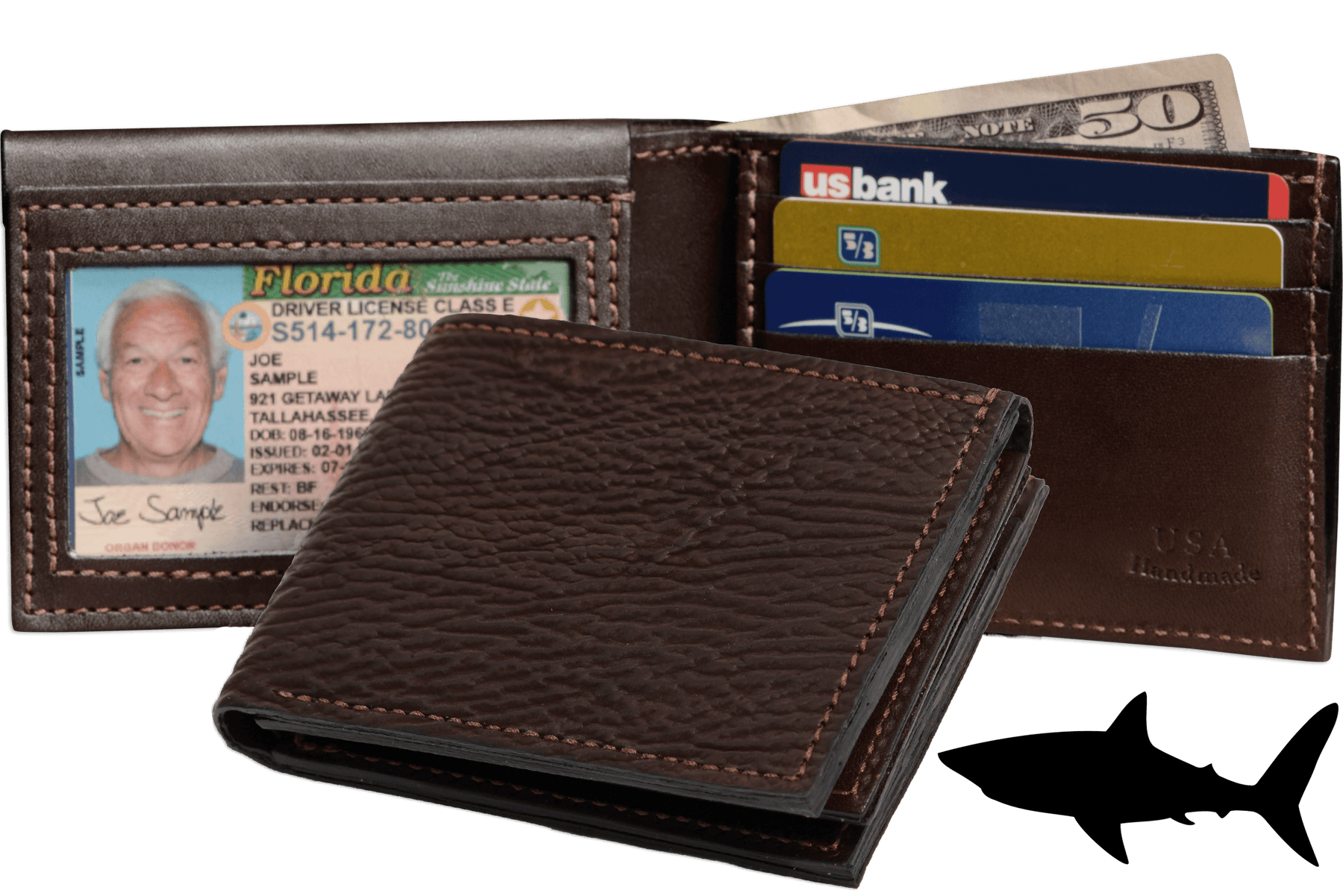 Brown Shark Luxury Designer Exotic Bifold Wallet With Flip Up ID Window