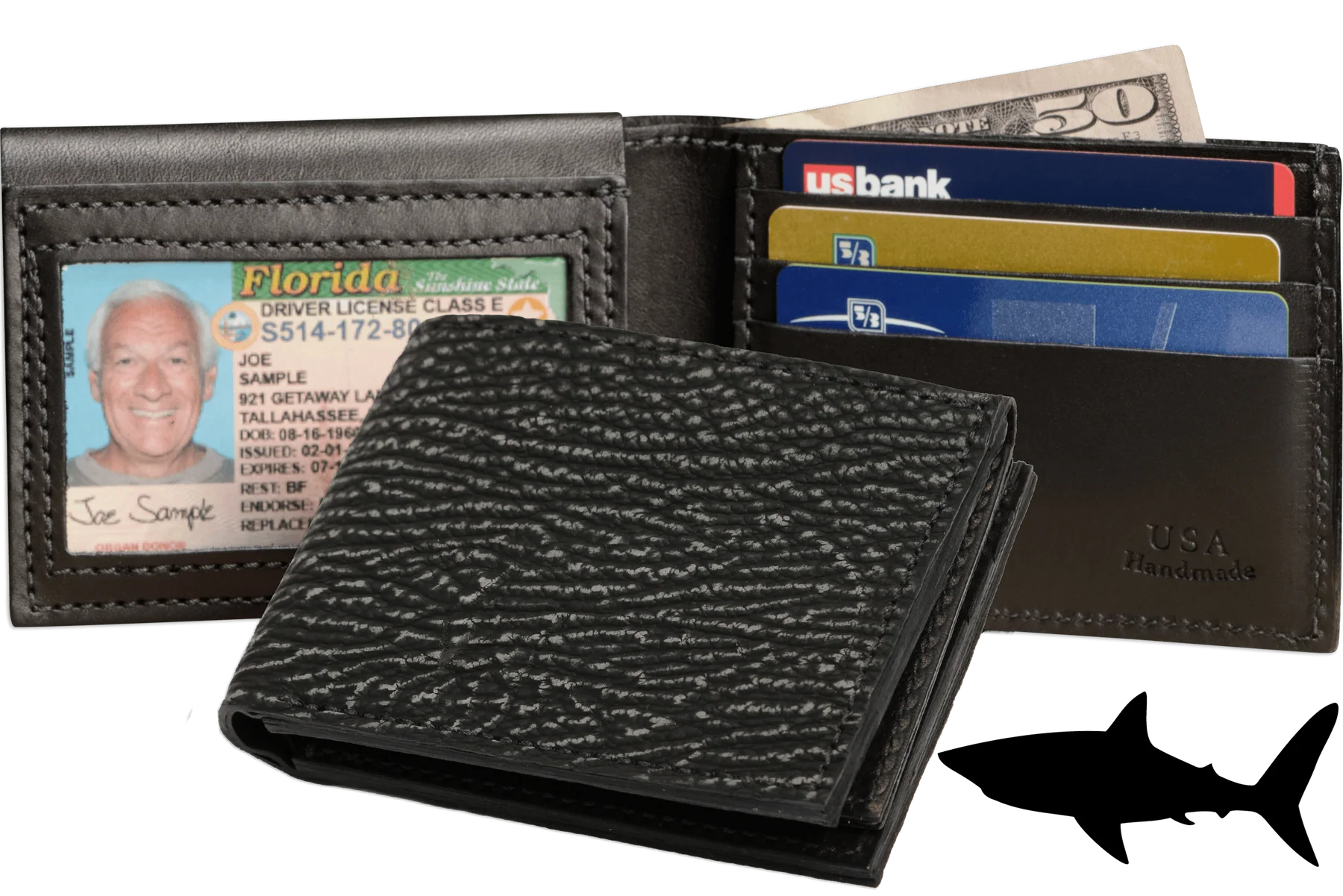 Black Suede Shark Luxury Designer Exotic Bifold Wallet With Flip Up ID Window
