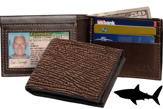 Brown Suede Shark Luxury Designer Exotic Bifold Wallet With Flip Up ID Window