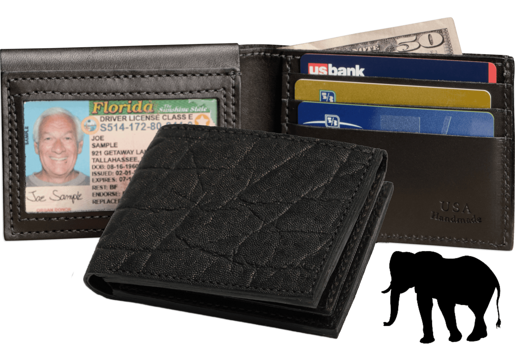 Black Elephant Luxury Designer Exotic Bifold Wallet With Flip Up ID Window