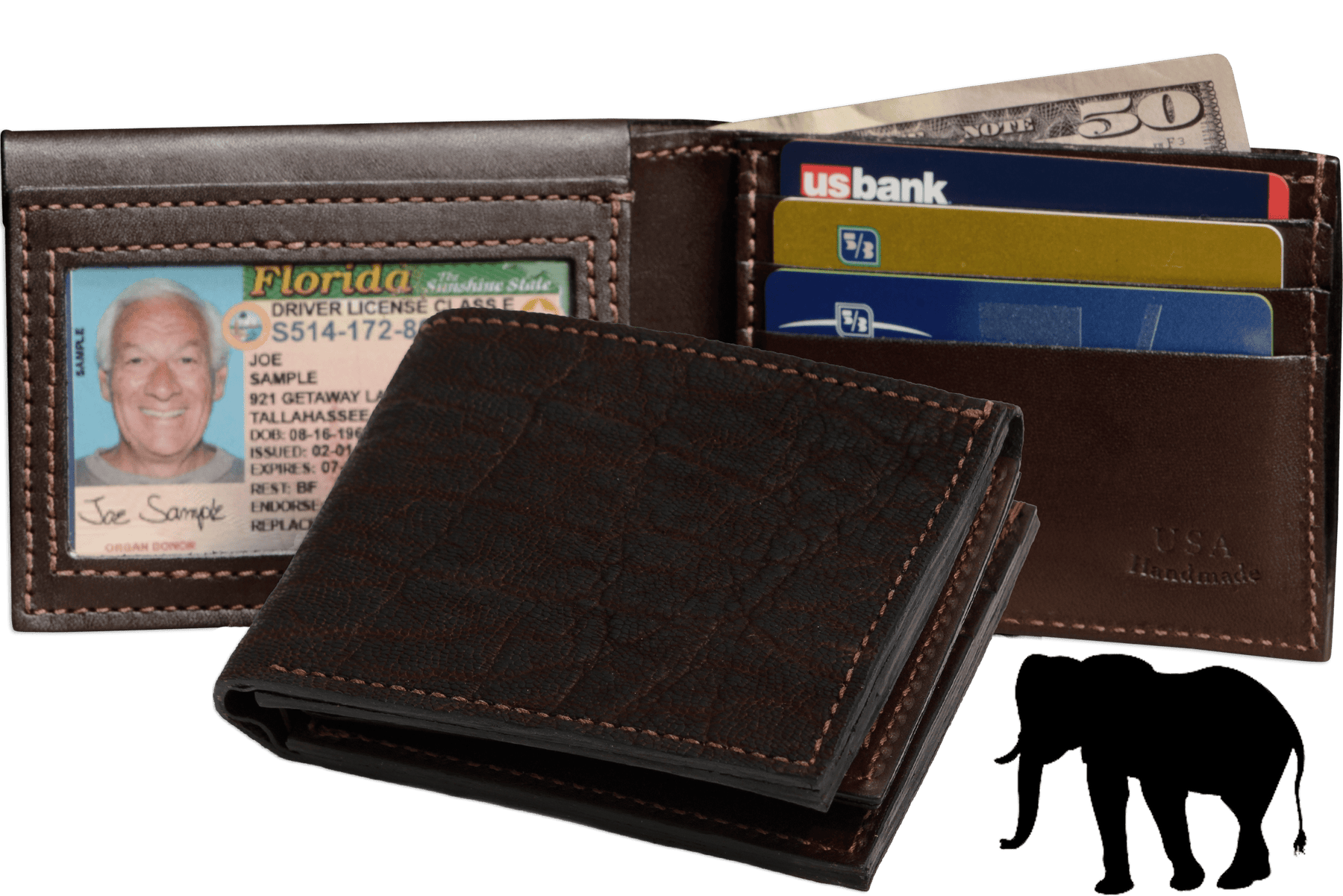 Dark Brown Elephant Luxury Designer Exotic Bifold Wallet With Flip Up ID Window