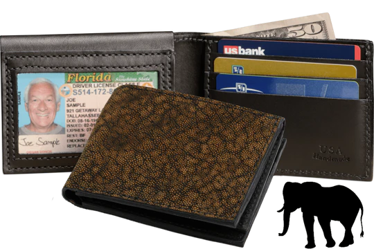 Tree Bark Elephant Luxury Designer Exotic Bifold Wallet With Flip Up ID Window