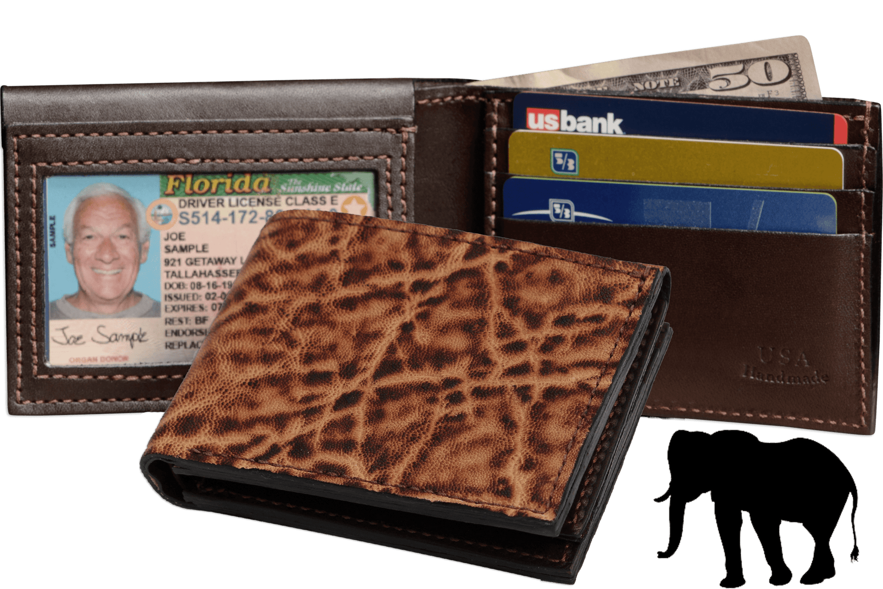 Rustic Brown Elephant Luxury Designer Exotic Bifold Wallet With Flip Up ID Window