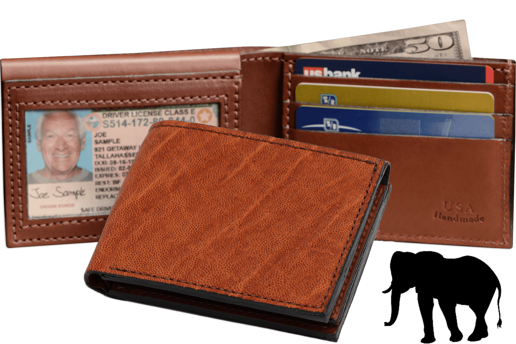 Caramel Brown Elephant Luxury Designer Exotic Bifold Wallet With Flip Up ID Window