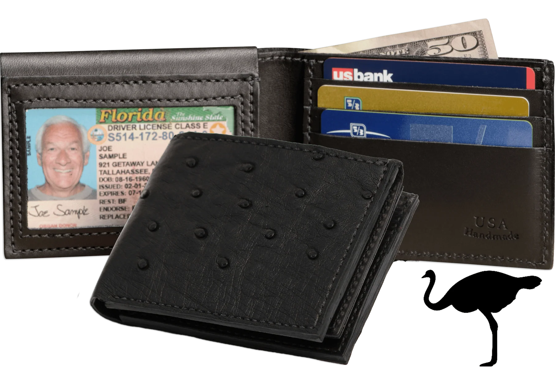 Black Ostrich Full Quill Luxury Designer Exotic Bifold Wallet With Flip Up ID Window