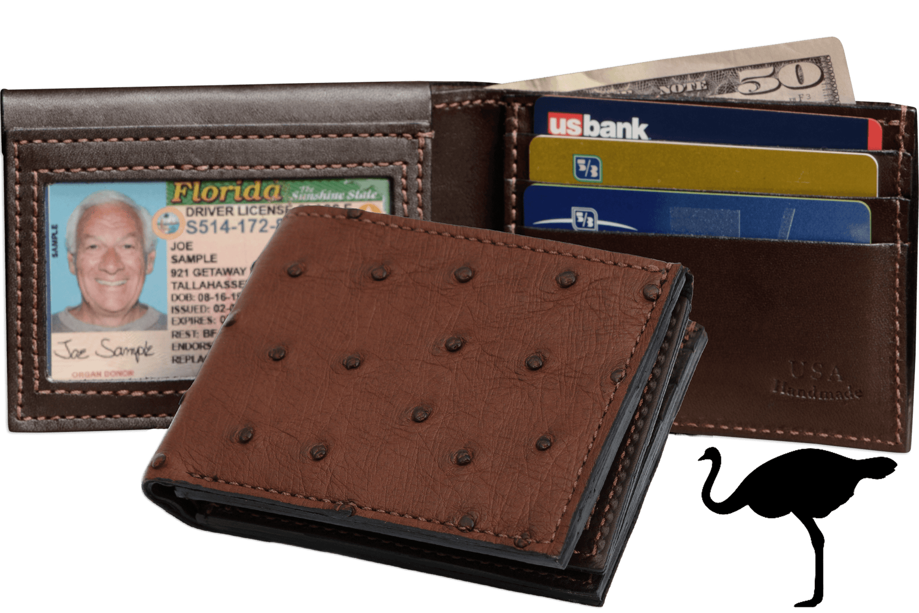 Brown Ostrich Full Quill Luxury Designer Exotic Bifold Wallet With Flip Up ID Window