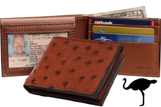Cognac Ostrich Full Quill Luxury Designer Exotic Bifold Wallet With Flip Up ID Window