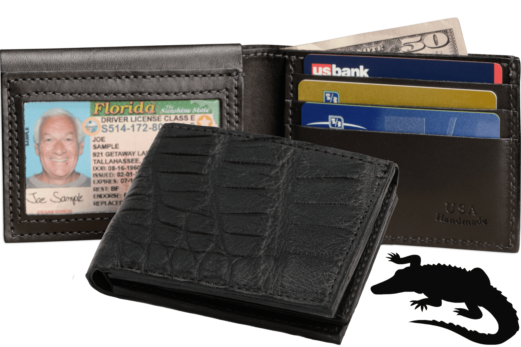 Black Alligator Luxury Designer Exotic Bifold Wallet With Flip Up ID Window
