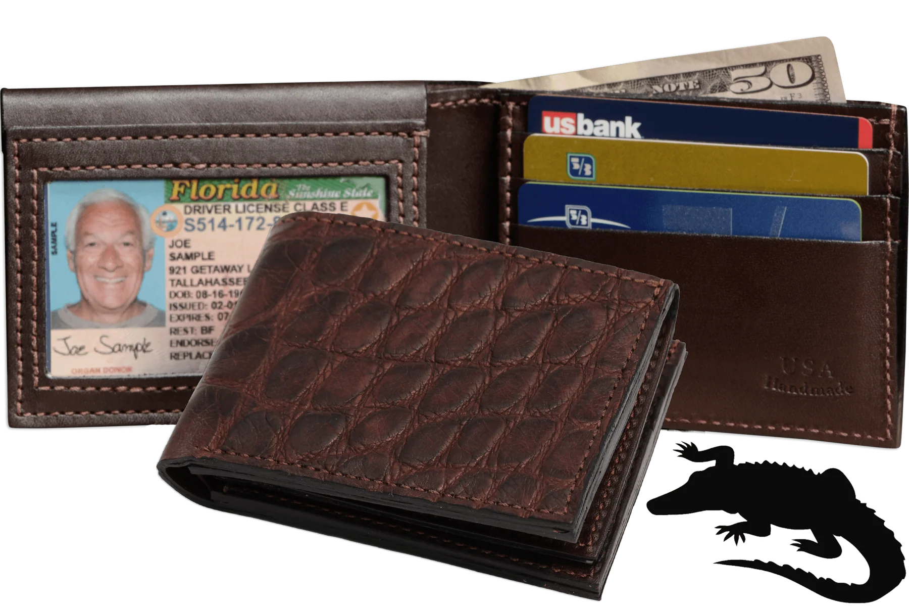 Brown Alligator Luxury Designer Exotic Bifold Wallet With Flip Up ID Window
