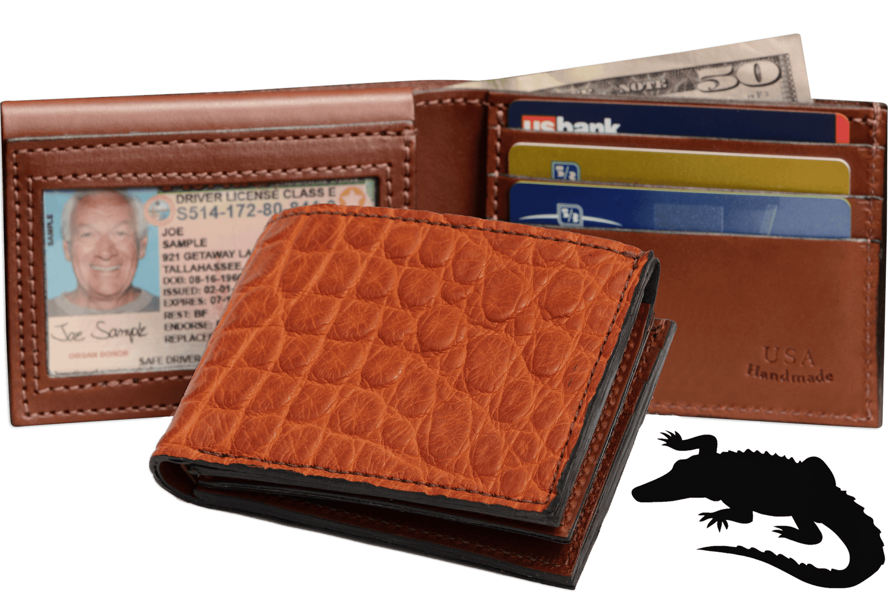 Cognac Alligator Luxury Designer Exotic Bifold Wallet With Flip Up ID Window