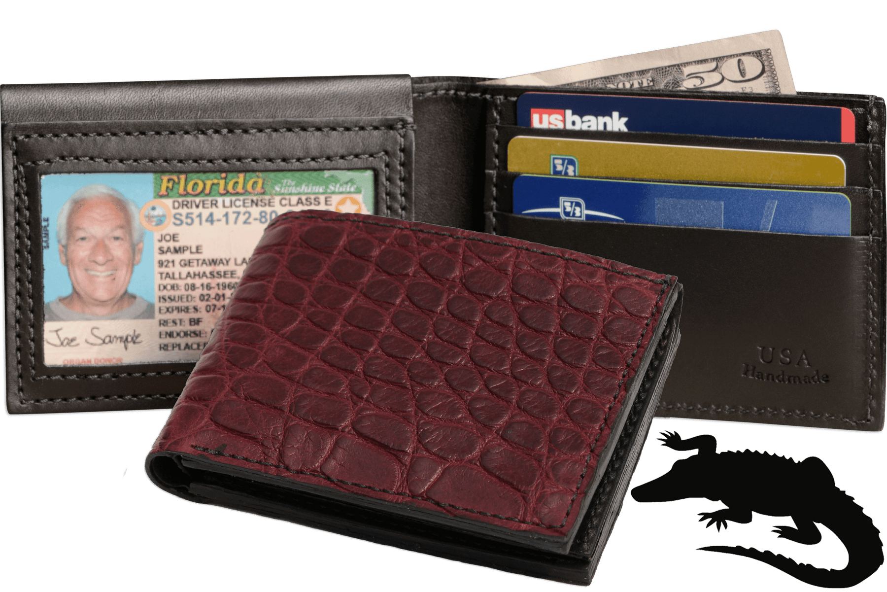 Burgundy Alligator Luxury Designer Exotic Bifold Wallet With Flip Up ID Window