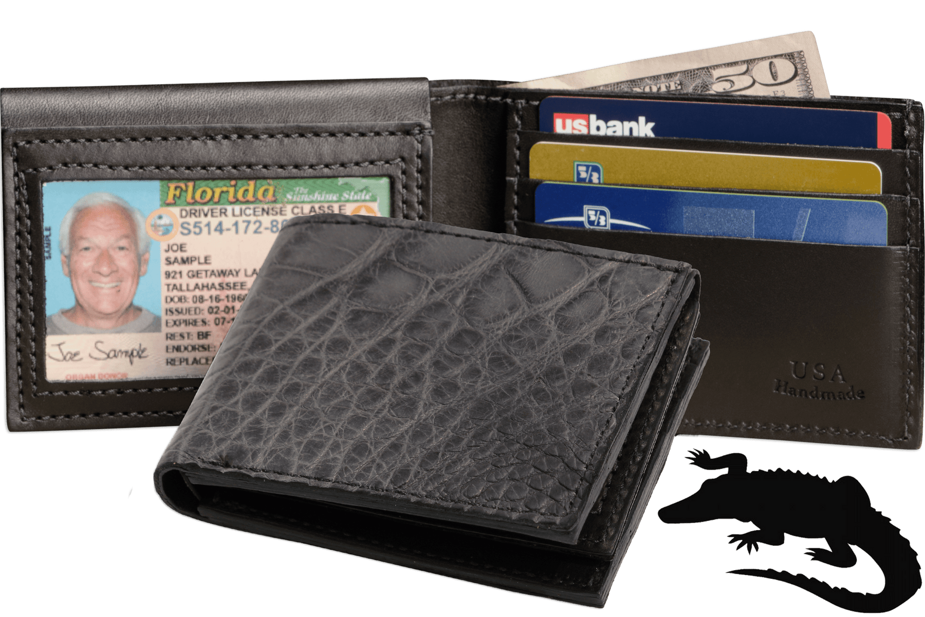Gray Alligator Luxury Designer Exotic Bifold Wallet With Flip Up ID Window