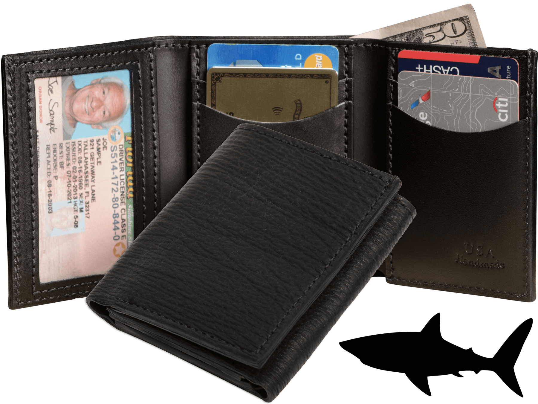 Black Shark Luxury Designer Exotic Trifold Wallet With ID Window