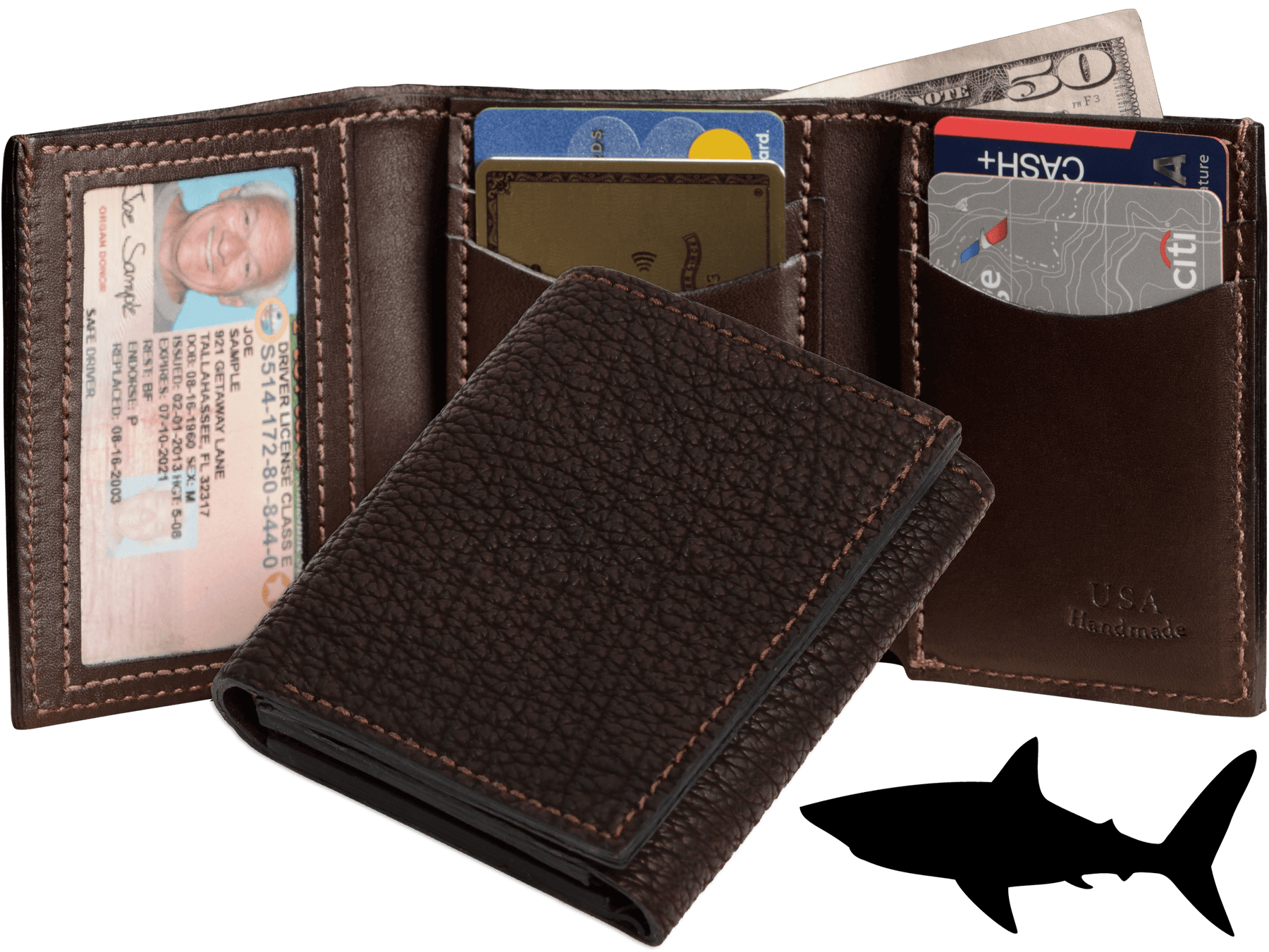 Brown Shark Luxury Designer Exotic Trifold Wallet With ID Window