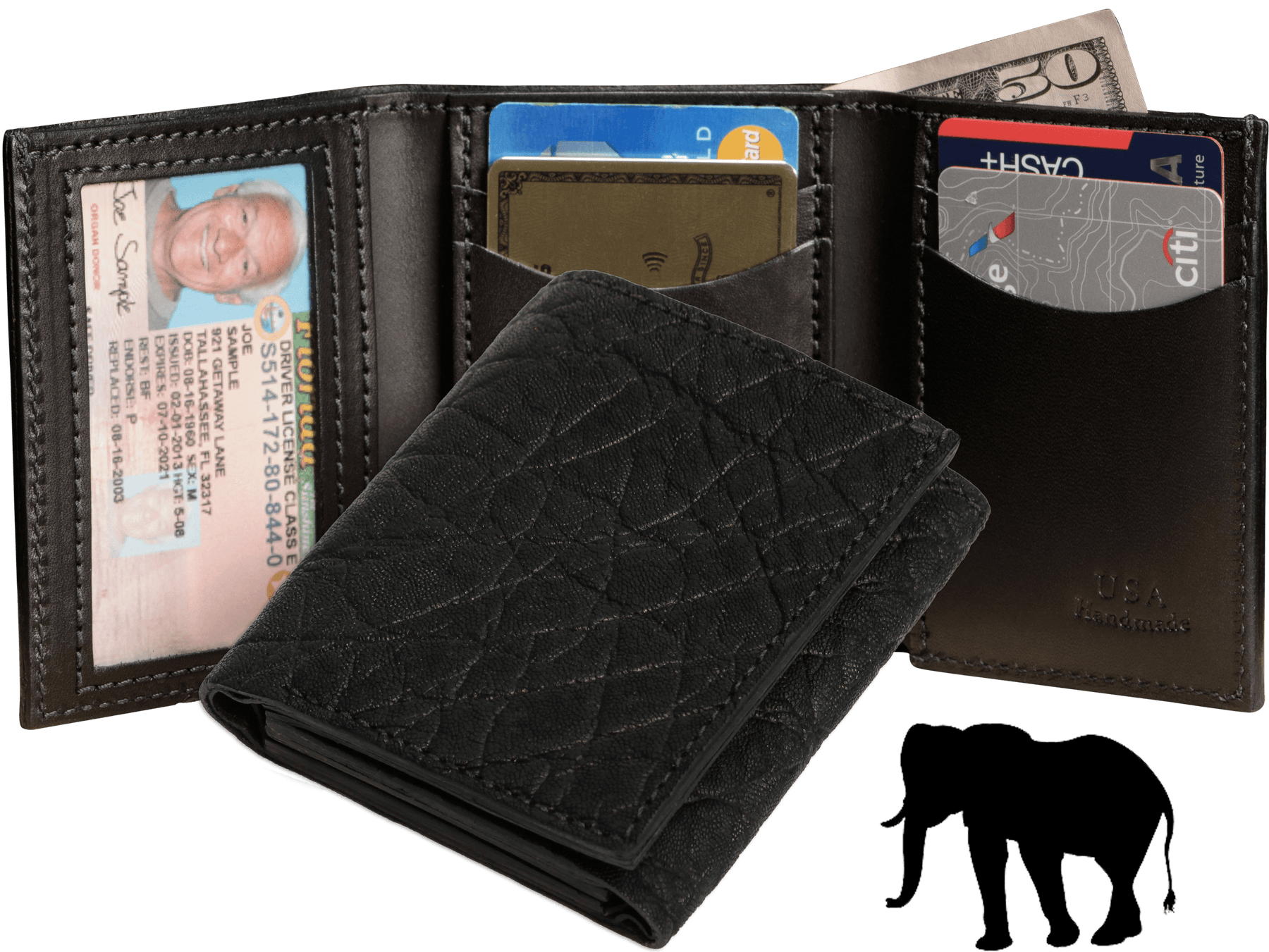 Black Elephant Luxury Designer Exotic Trifold Wallet With ID Window