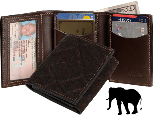 Dark Brown Elephant Luxury Designer Exotic Trifold Wallet With ID Window