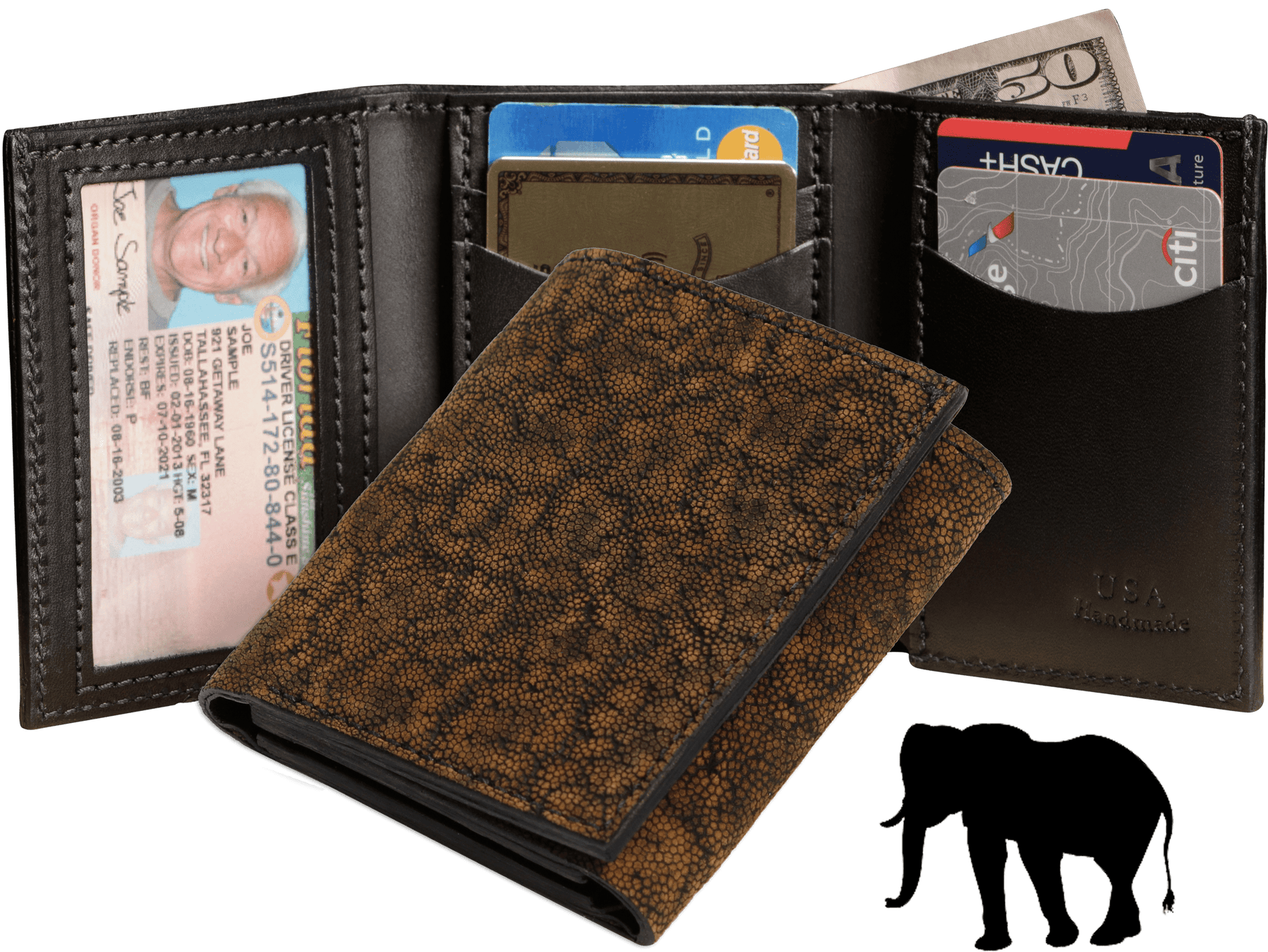 Tree Bark Elephant Luxury Designer Exotic Trifold Wallet With ID Window