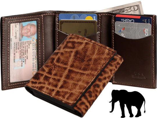 Rustic Brown Elephant Luxury Designer Exotic Trifold Wallet With ID Window
