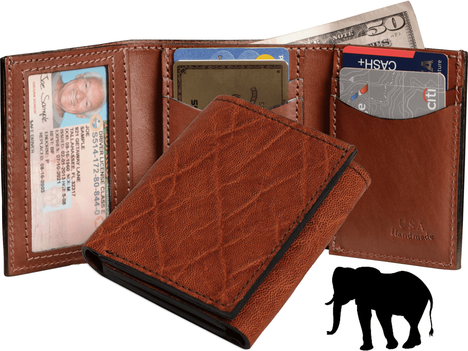 Caramel Brown Elephant Luxury Designer Exotic Trifold Wallet With ID Window