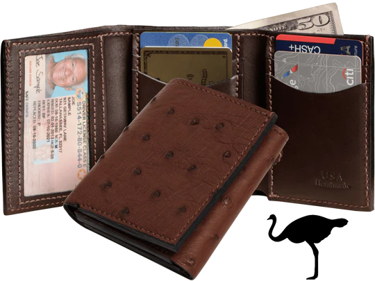 Brown Ostrich Full Quill Luxury Designer Exotic Trifold Wallet With ID Window