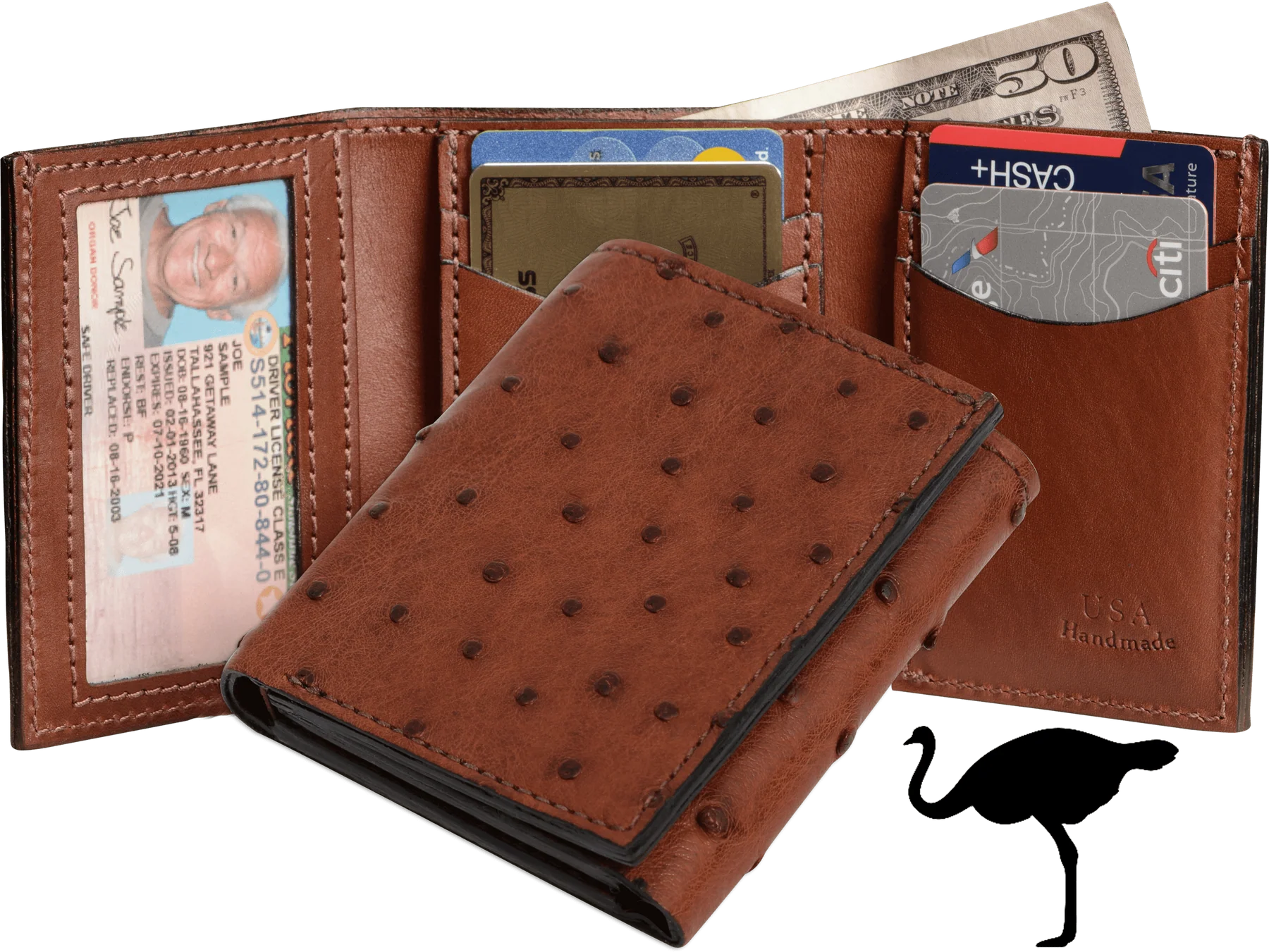 Cognac Ostrich Full Quill Luxury Designer Exotic Trifold Wallet With ID Window