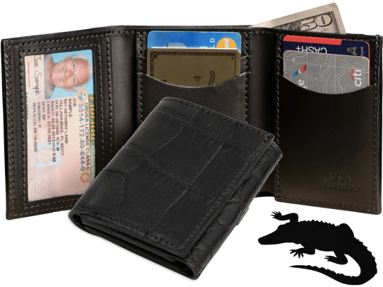 Black Alligator Luxury Designer Exotic Trifold Wallet With ID Window
