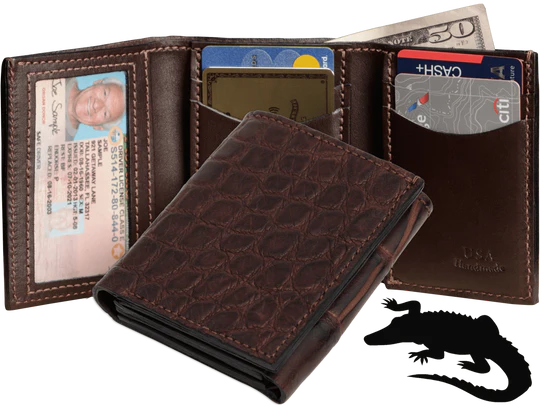 Brown Alligator Luxury Designer Exotic Trifold Wallet With ID Window
