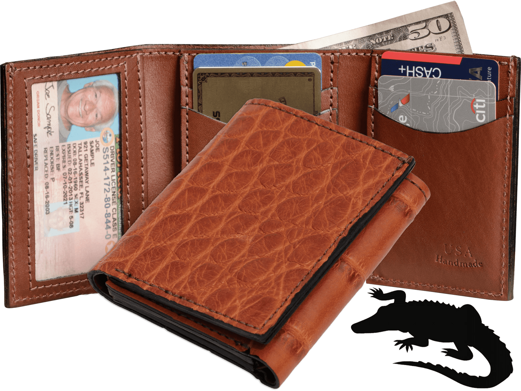 Cognac Alligator Luxury Designer Exotic Trifold Wallet With ID Window