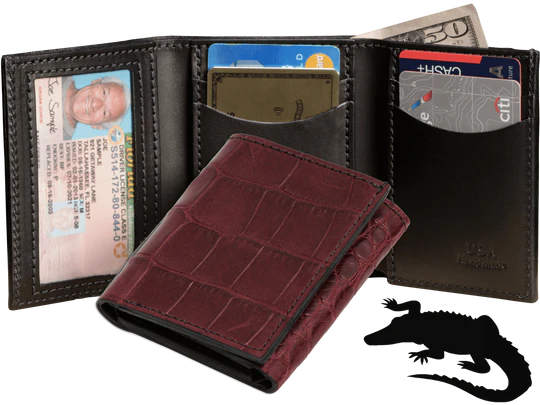 Burgundy Alligator Luxury Designer Exotic Trifold Wallet With ID Window