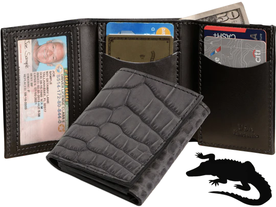 Gray Alligator Luxury Designer Exotic Trifold Wallet With ID Window