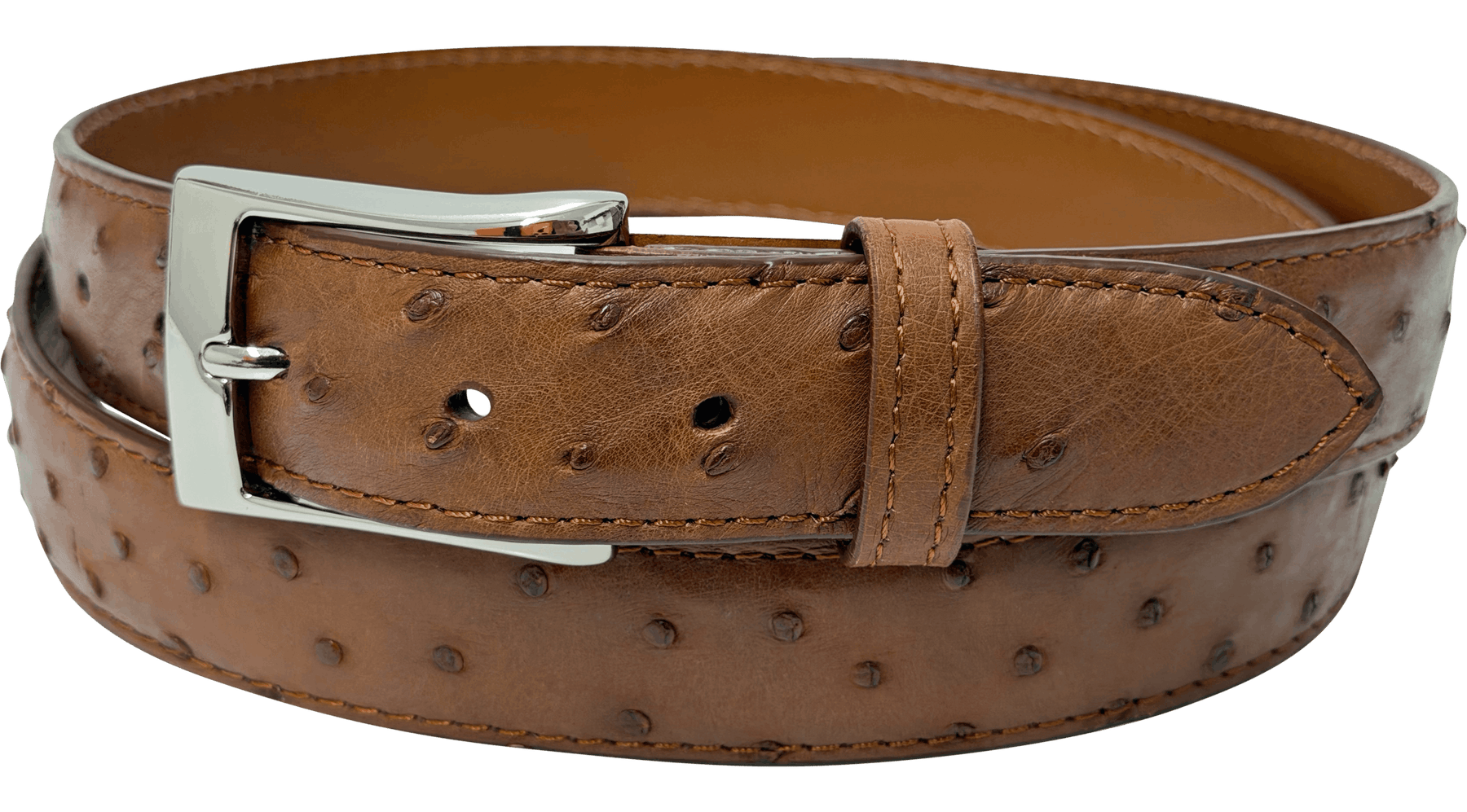 Cognac Ostrich Skin Full Quill Designer High End Leather Belt 1.25" Wide
