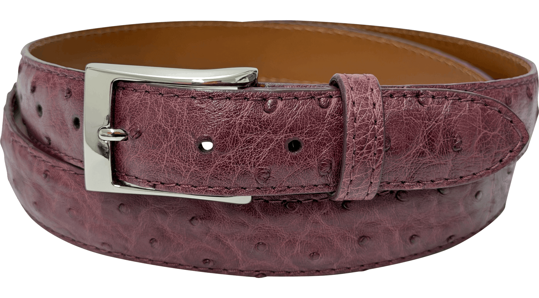 Burgundy Ostrich Skin Full Quill Designer High End Leather Belt 1.25" Wide