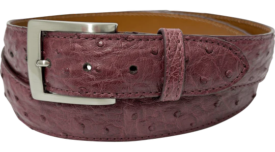 Burgundy Ostrich Skin Full Quill Designer High End Leather Belt 1.50" Wide