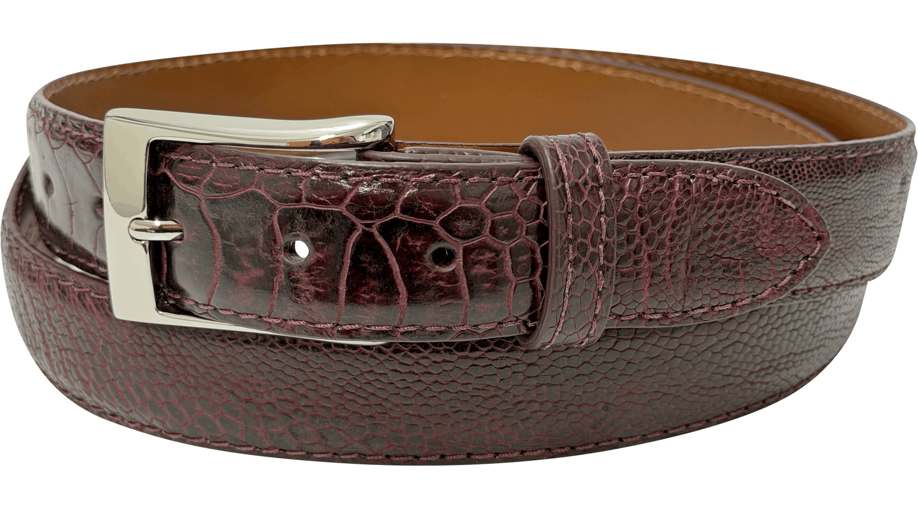 Burgundy Ostrich Leg Designer High End Leather Belt 1.25" Wide